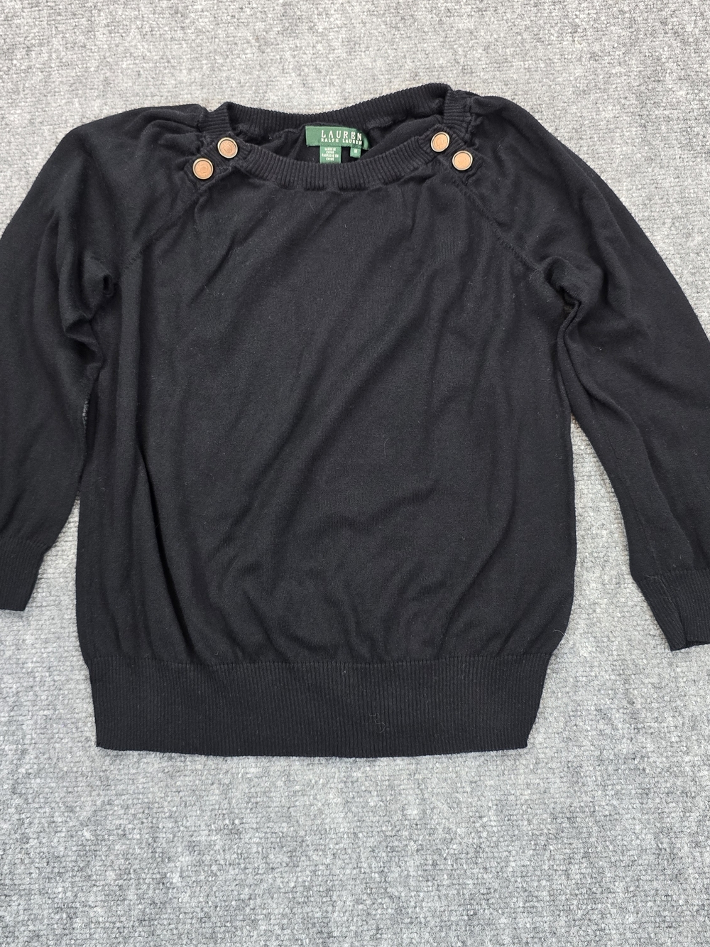 Lauren Ralph Lauren Black 100% Cotton Sweater Womens M Button Shoulder Crewneck